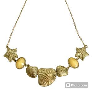 Gold Sea Shell Starfish Bib Necklace Plated Sea Life Island Nautical Beach 20"